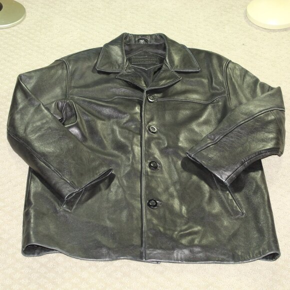 Bostonian Mens Large Leather Coat Jacket Black Soft Supple 4 Button Fully Lined - Picture 1 of 6
